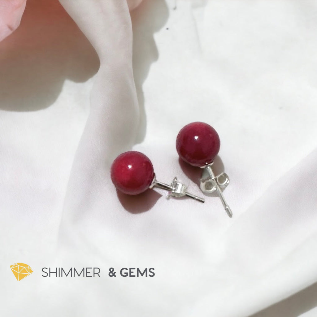 Red Coral 925 Silver Ball Earrings 8mm (Gold & Silver)