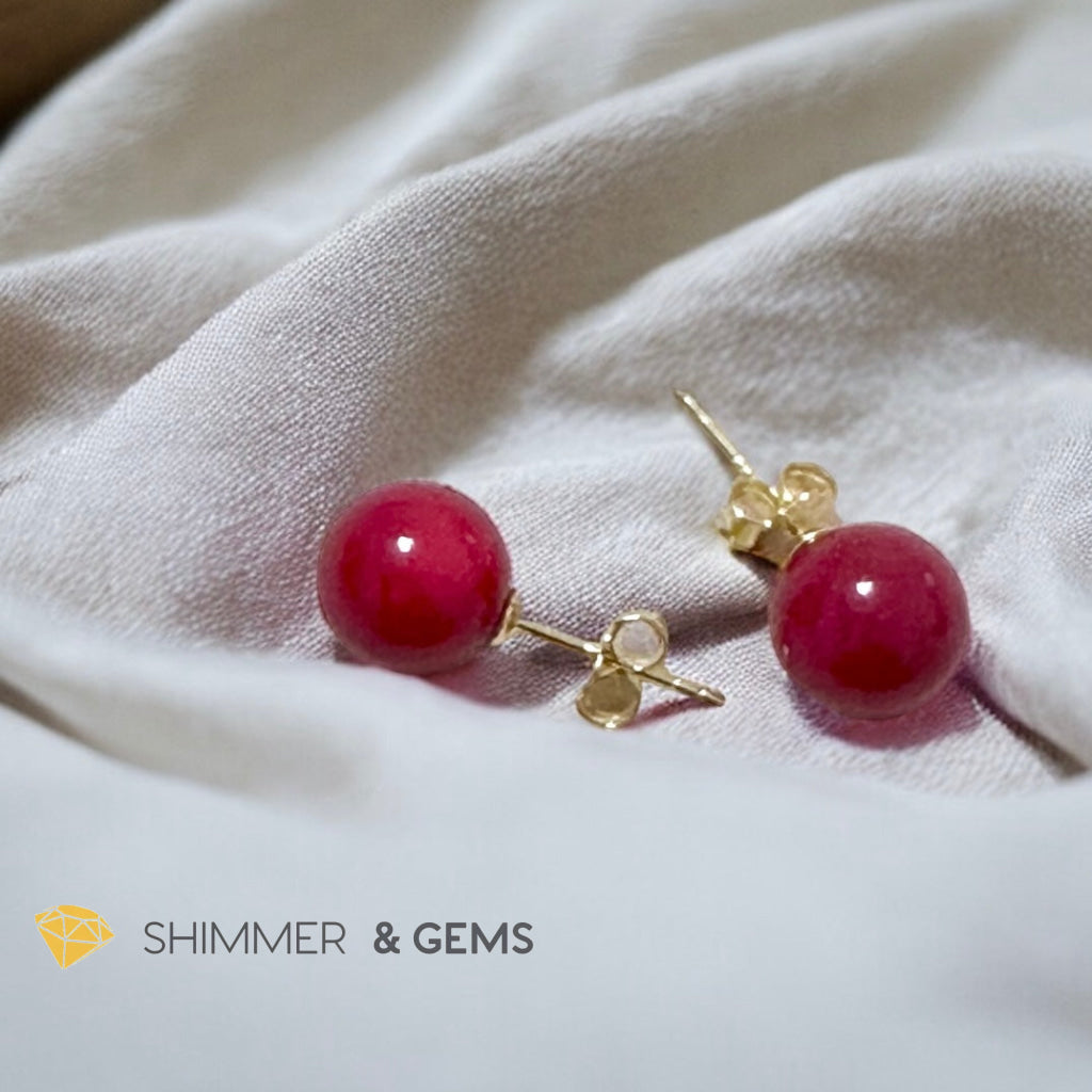Red Coral 925 Silver Ball Earrings 8mm (Gold & Silver)