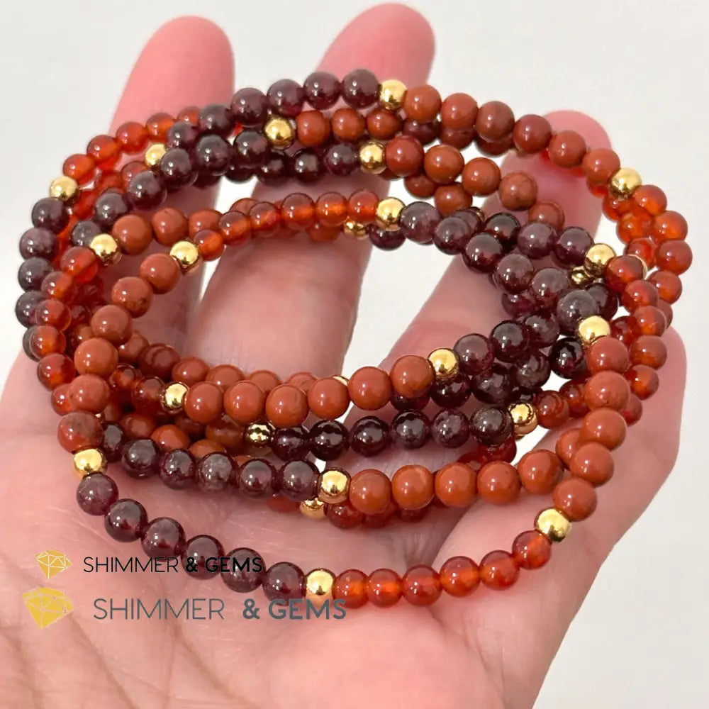 Root Chakra Stability Remedy Bracelet 4mm with stainless steel beads (Red Agate Jasper & Garnet)