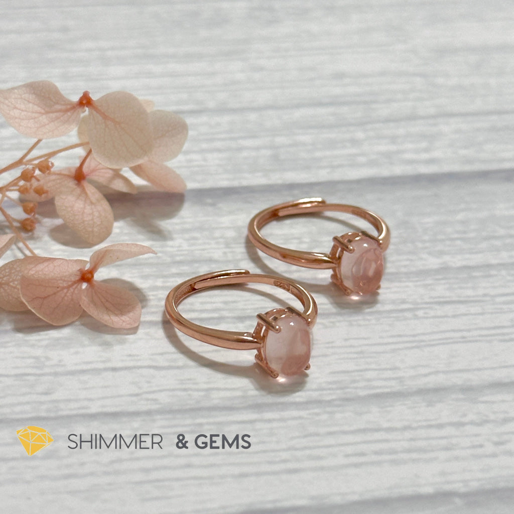 Rose Quartz Oval 925 Silver Ring Rose Gold Plated (Adjustable Size)