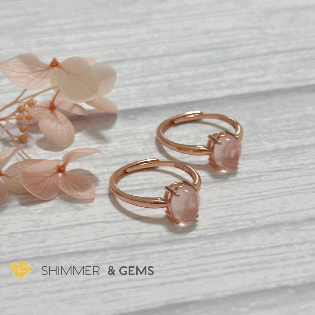 Rose Quartz Oval 925 Silver Ring Rose Gold Plated (Adjustable Size)