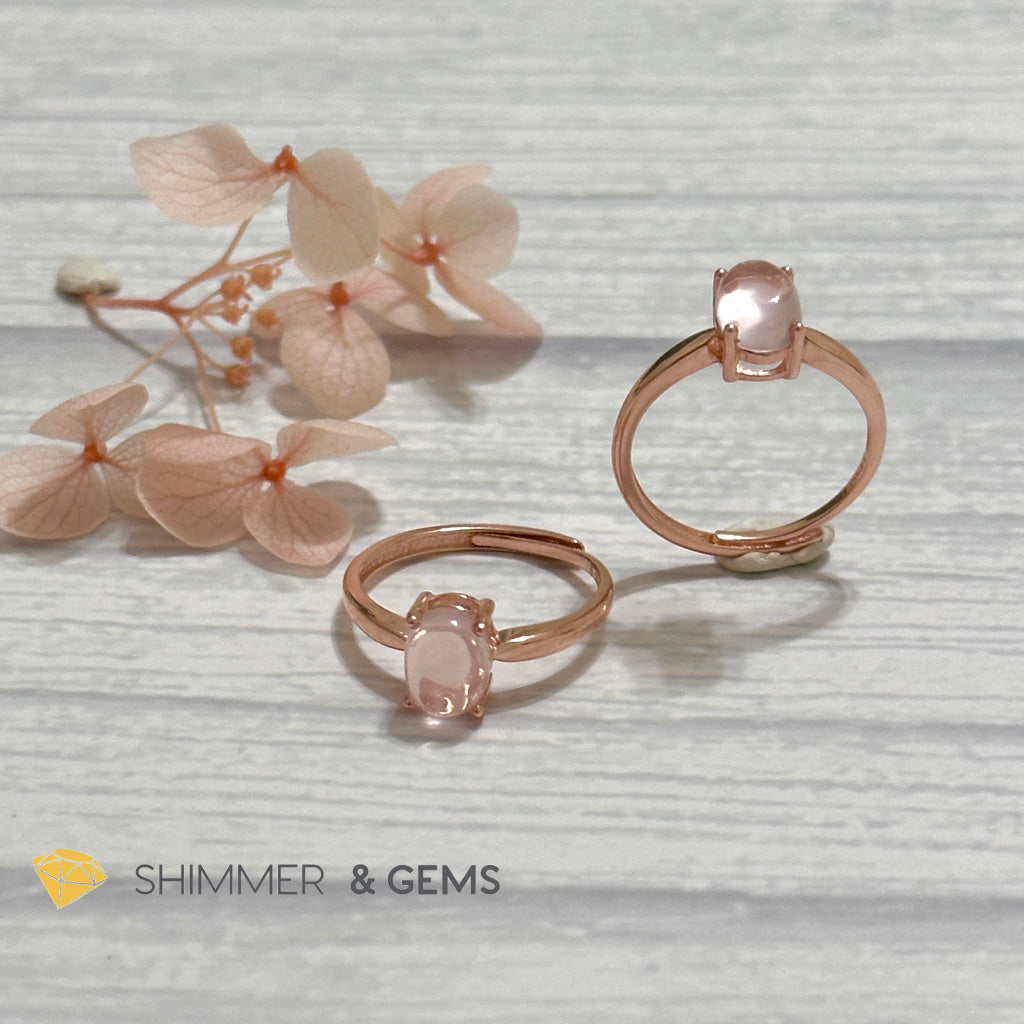 Rose Quartz Oval 925 Silver Ring Rose Gold Plated (Adjustable Size)