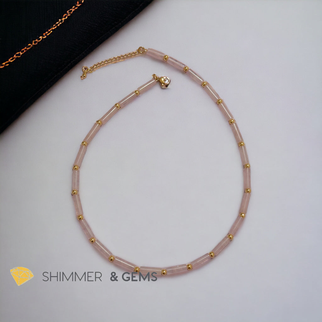 Rose Quartz Tube Necklace with 14k gold plated stainless steel beads and clasp
