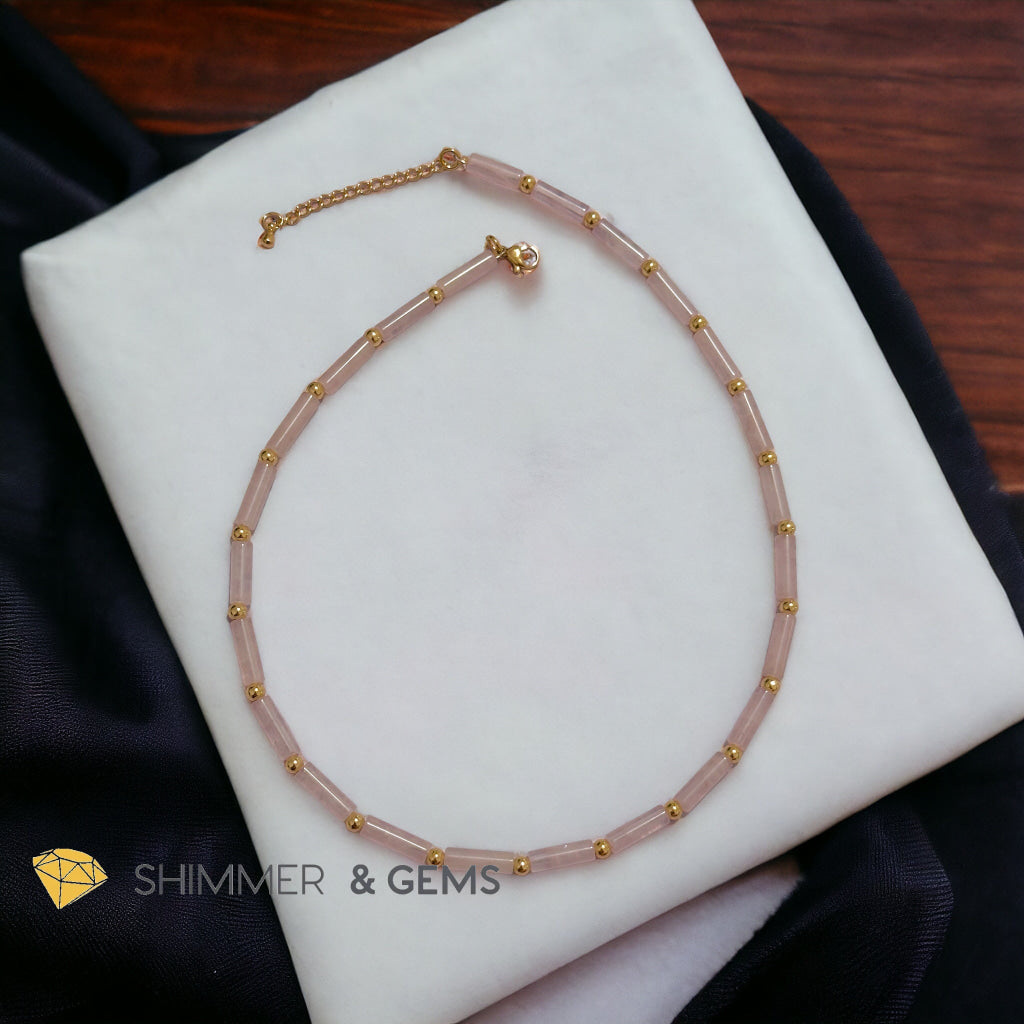 Rose Quartz Tube Necklace with 14k gold plated stainless steel beads and clasp