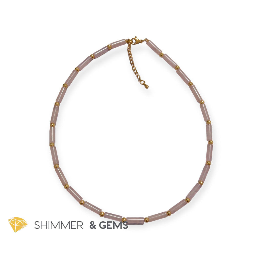 Rose Quartz Tube Necklace with 14k gold plated stainless steel beads and clasp