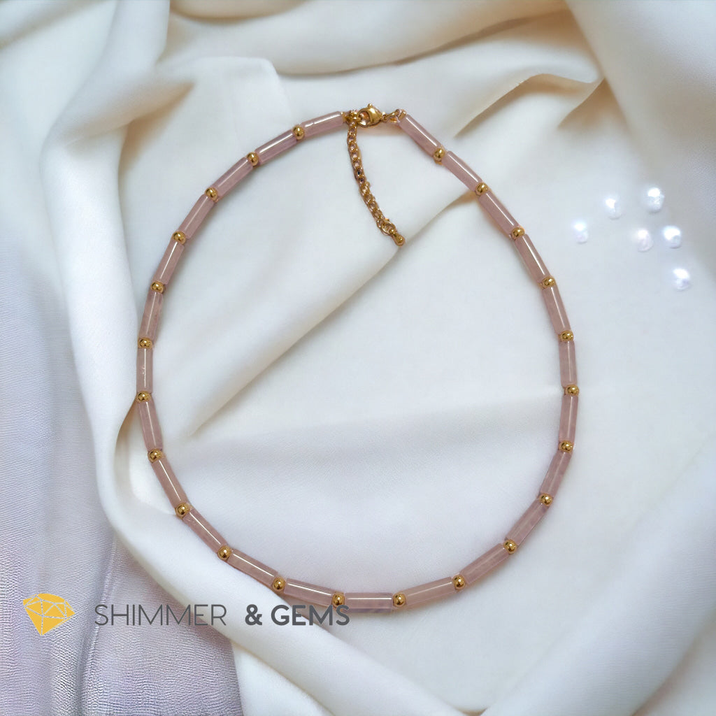 Rose Quartz Tube Necklace with 14k gold plated stainless steel beads and clasp