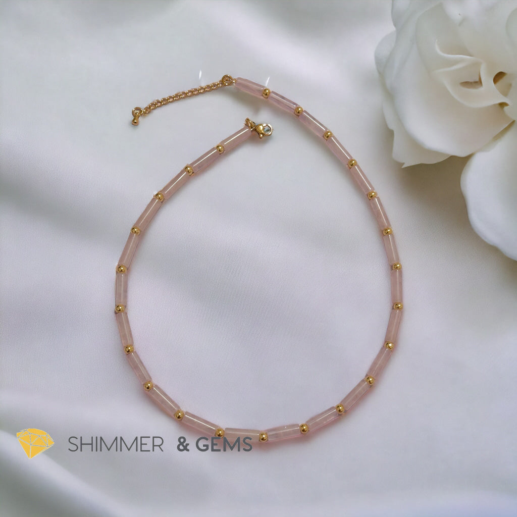 Rose Quartz Tube Necklace with 14k gold plated stainless steel beads and clasp