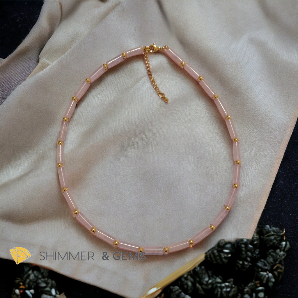Rose Quartz Tube Necklace with 14k gold plated stainless steel beads and clasp