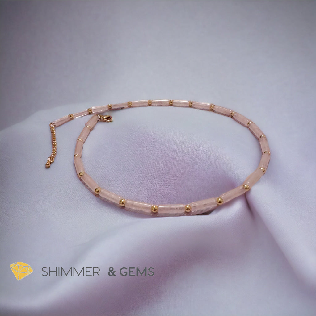 Rose Quartz Tube Necklace with 14k gold plated stainless steel beads and clasp
