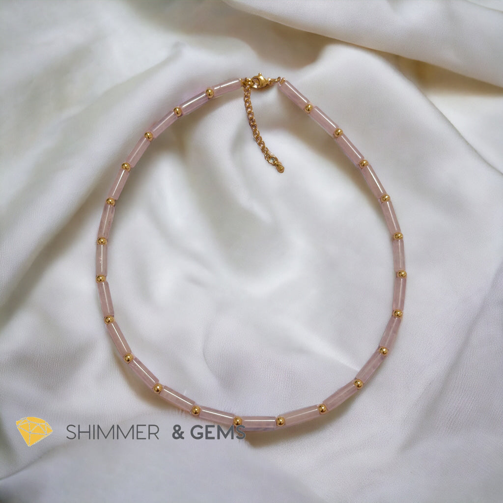 Rose Quartz Tube Necklace with 14k gold plated stainless steel beads and clasp