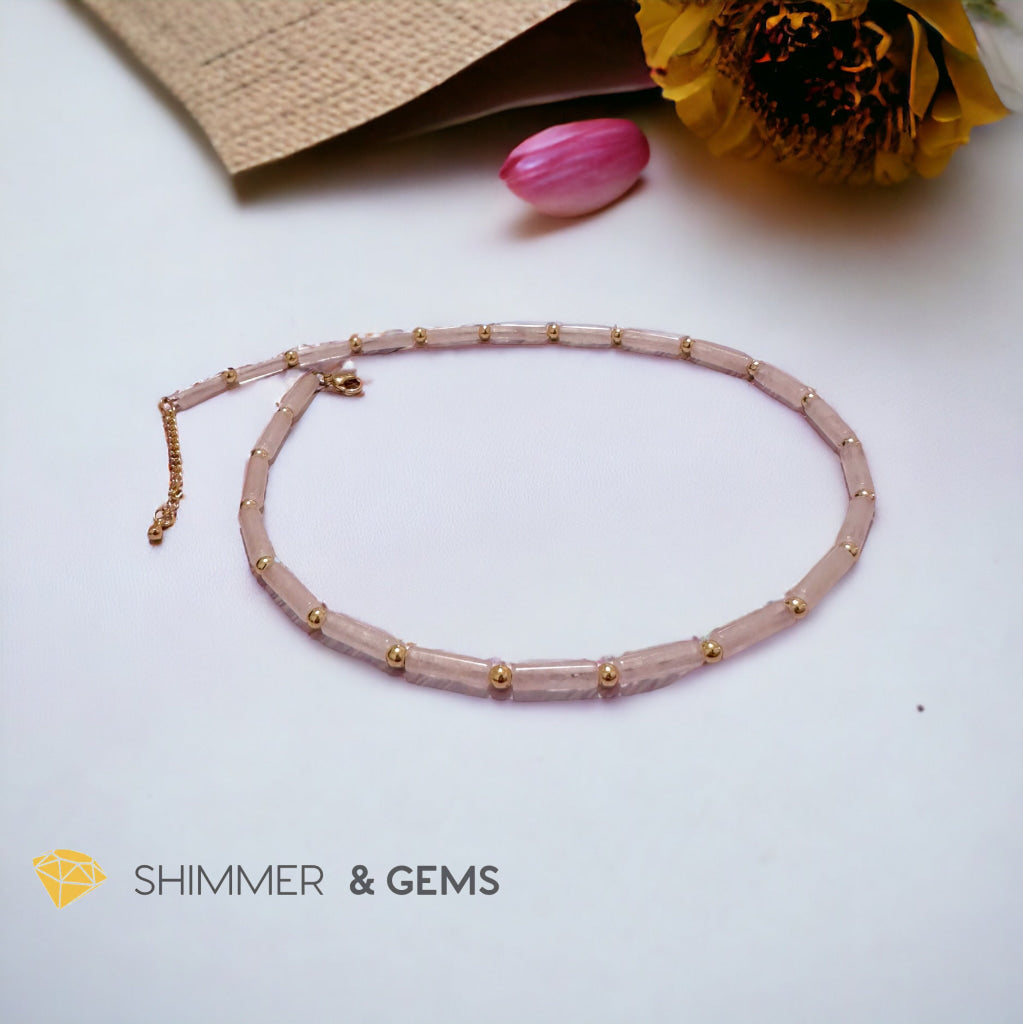 Rose Quartz Tube Necklace with 14k gold plated stainless steel beads and clasp