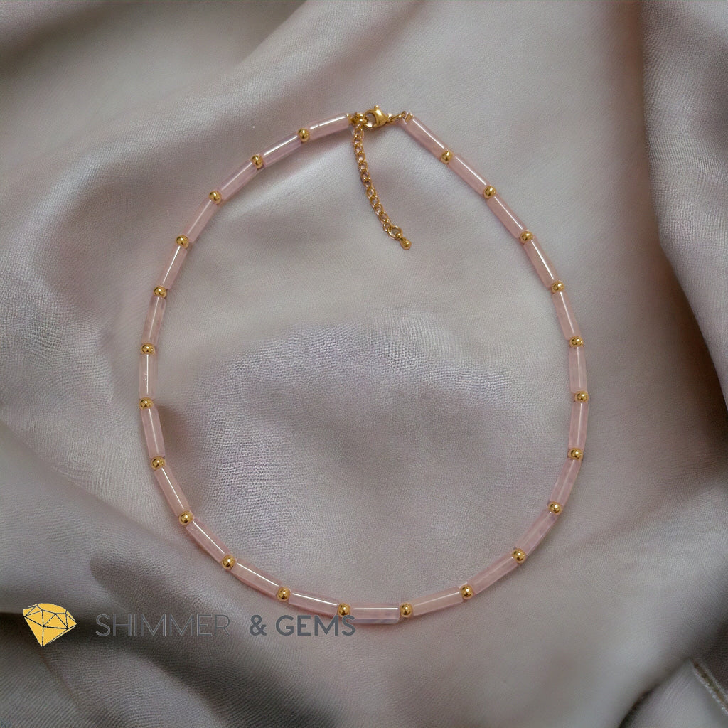 Rose Quartz Tube Necklace with 14k gold plated stainless steel beads and clasp
