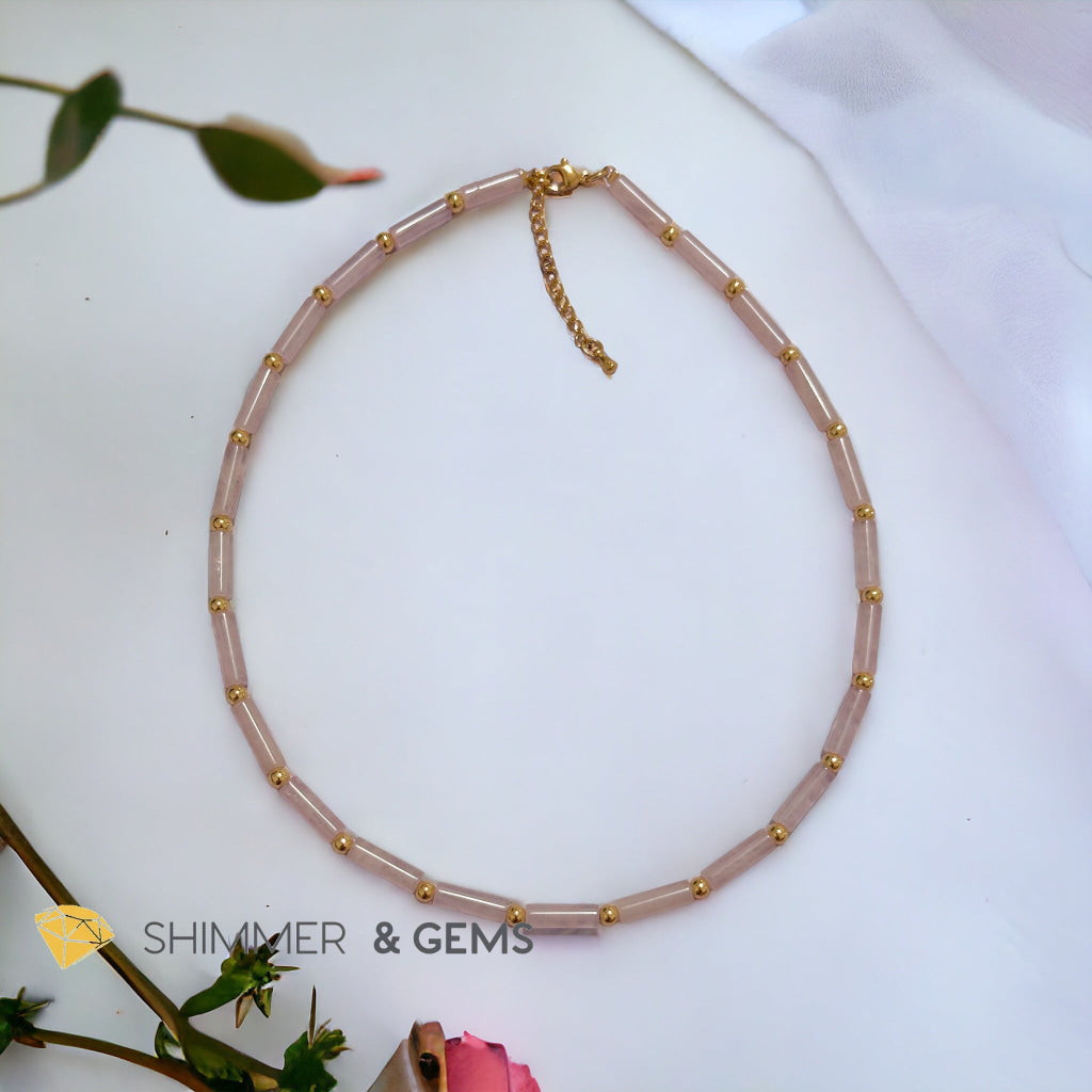 Rose Quartz Tube Necklace with 14k gold plated stainless steel beads and clasp