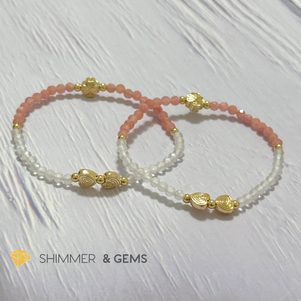 Self Love Lucky Bracelet (Moonstone & Rhodochrosite 4mm Faceted with 14k Gold Plated Ingot & Clover Charms)