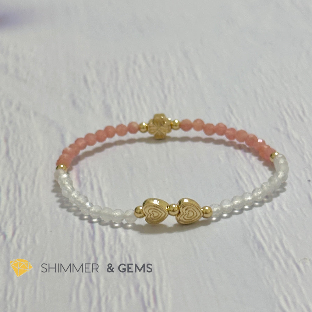 Self Love Lucky Bracelet (Moonstone & Rhodochrosite 4mm Faceted with 14k Gold Plated Ingot & Clover Charms)