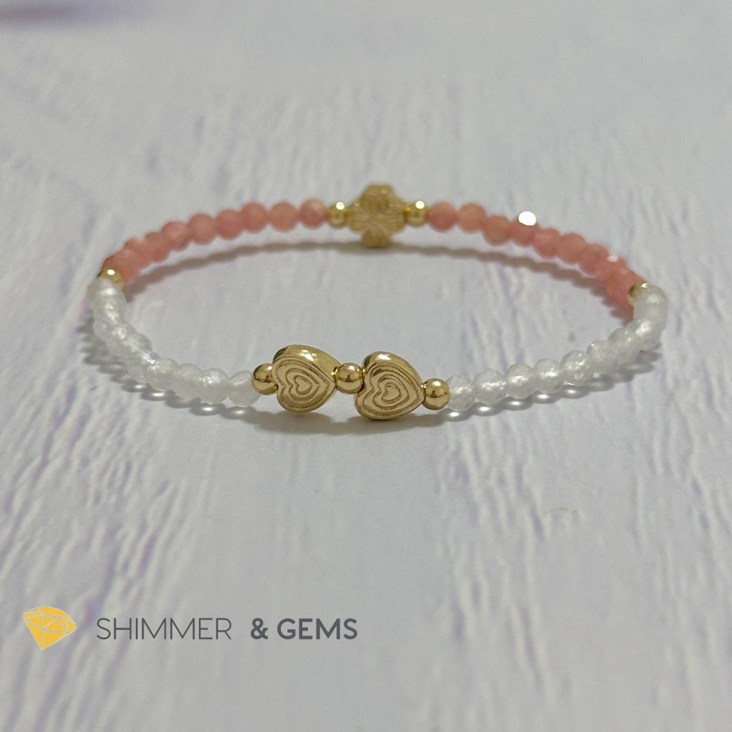 Self Love Lucky Bracelet (Moonstone & Rhodochrosite 4mm Faceted with 14k Gold Plated Ingot & Clover Charms)