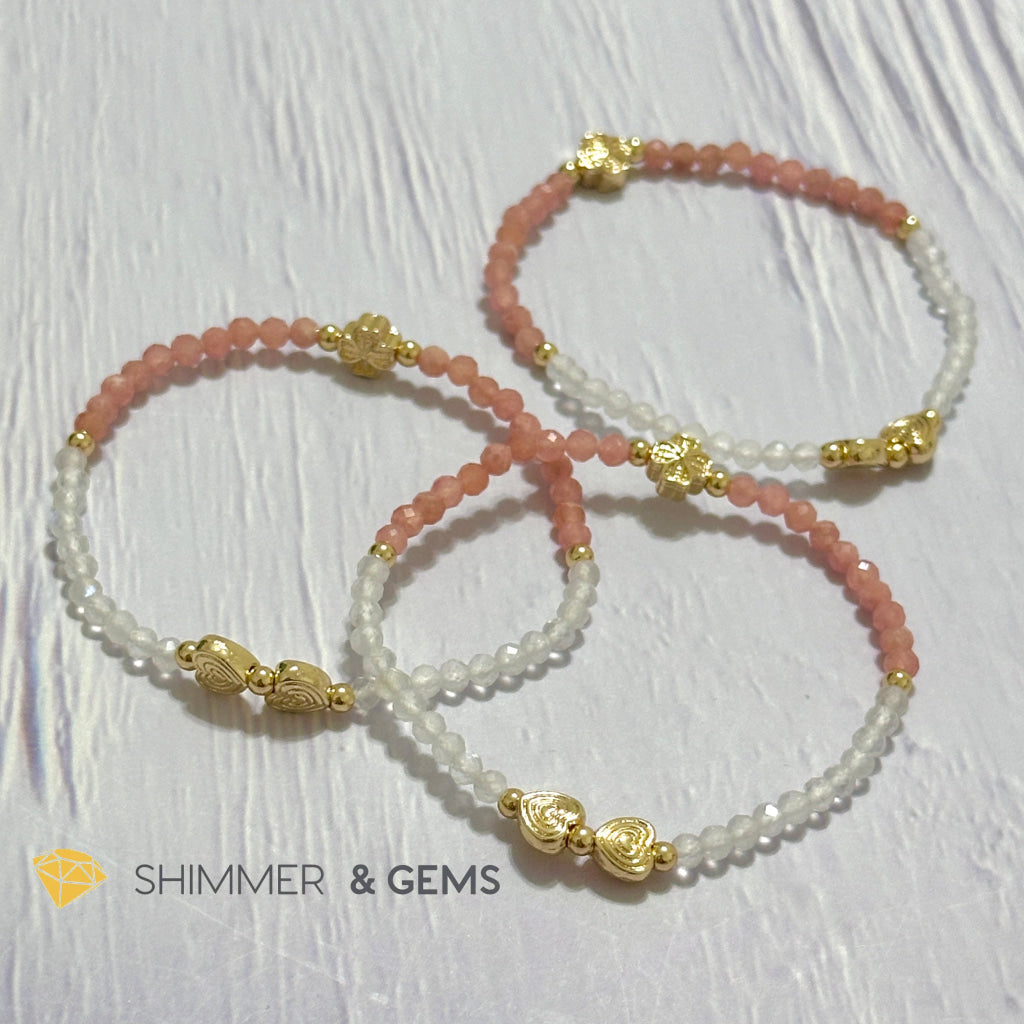Self Love Lucky Bracelet (Moonstone & Rhodochrosite 4mm Faceted with 14k Gold Plated Ingot & Clover Charms)