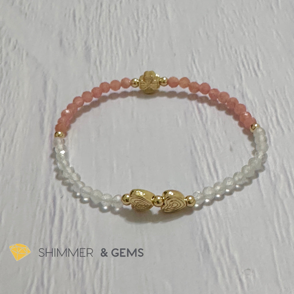Self Love Lucky Bracelet (Moonstone & Rhodochrosite 4mm Faceted with 14k Gold Plated Ingot & Clover Charms)