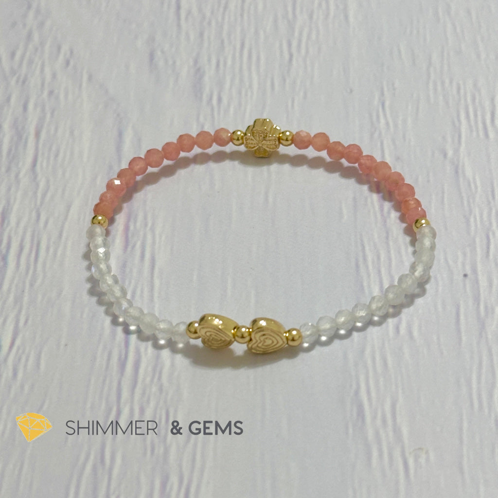 Self Love Lucky Bracelet (Moonstone & Rhodochrosite 4mm Faceted with 14k Gold Plated Ingot & Clover Charms)