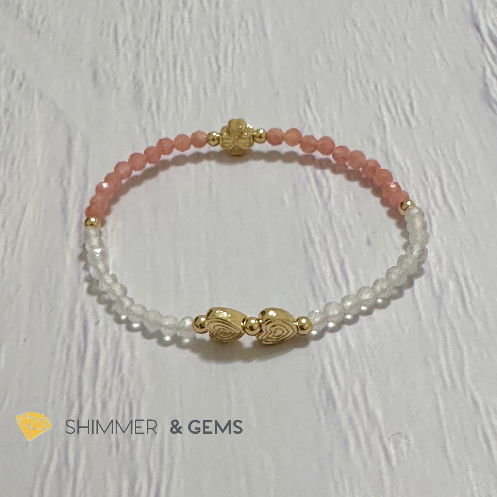 Self Love Lucky Bracelet (Moonstone & Rhodochrosite 4mm Faceted with 14k Gold Plated Ingot & Clover Charms)