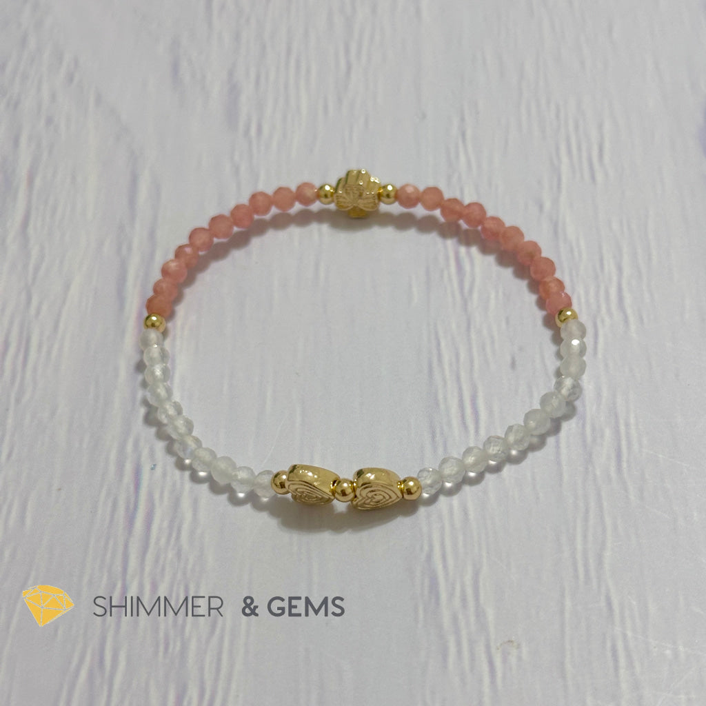 Self Love Lucky Bracelet (Moonstone & Rhodochrosite 4mm Faceted with 14k Gold Plated Ingot & Clover Charms)