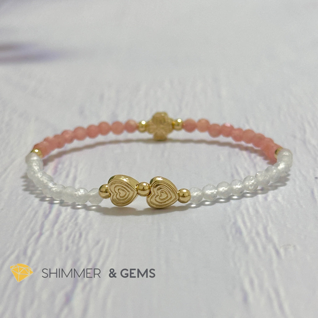 Self Love Lucky Bracelet (Moonstone & Rhodochrosite 4mm Faceted with 14k Gold Plated Ingot & Clover Charms)
