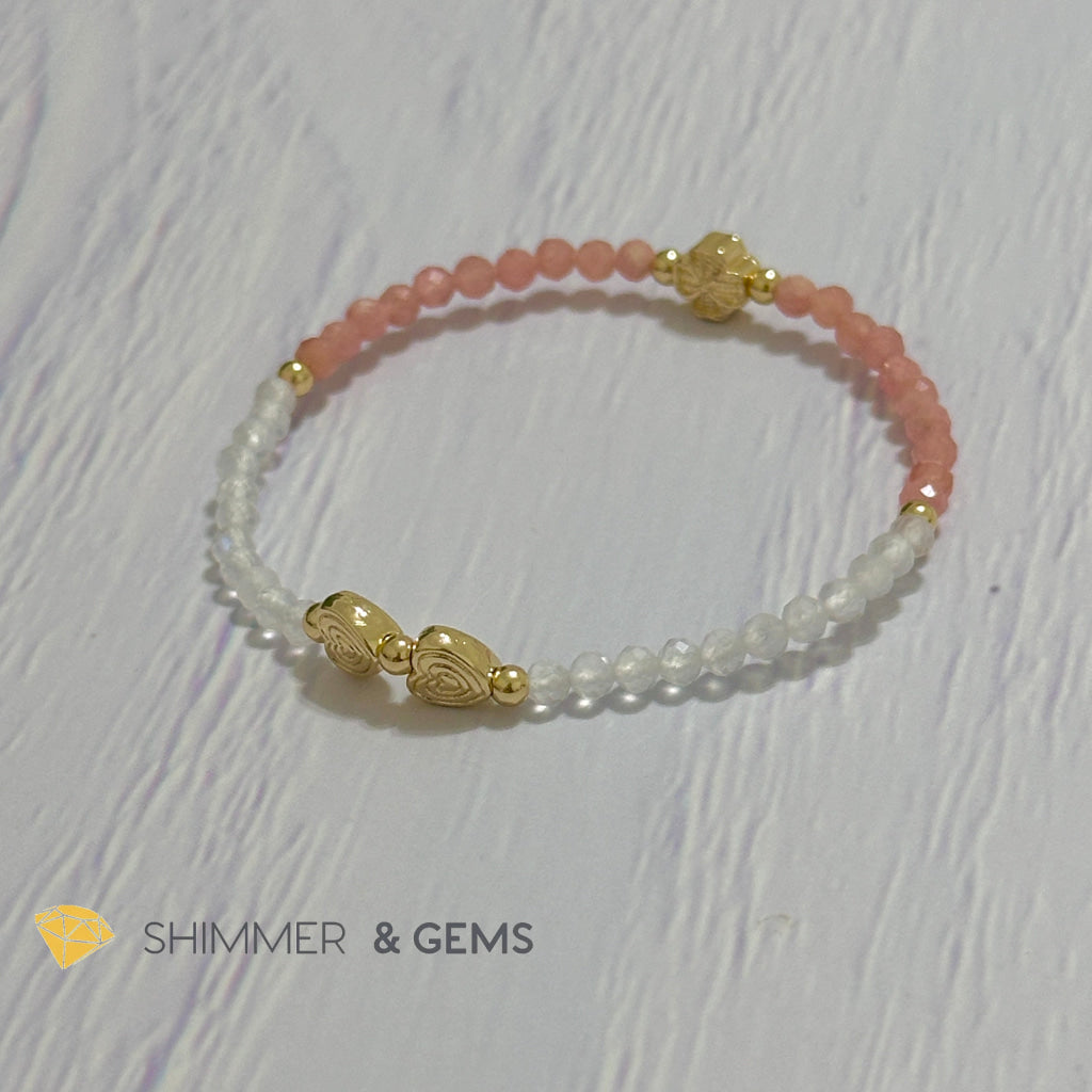 Self Love Lucky Bracelet (Moonstone & Rhodochrosite 4mm Faceted with 14k Gold Plated Ingot & Clover Charms)