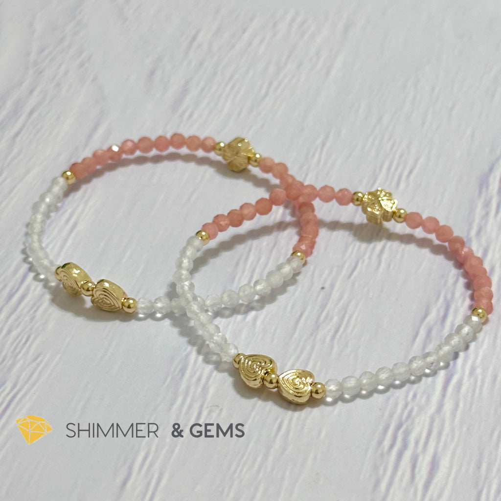 Self Love Lucky Bracelet (Moonstone & Rhodochrosite 4mm Faceted with 14k Gold Plated Ingot & Clover Charms)