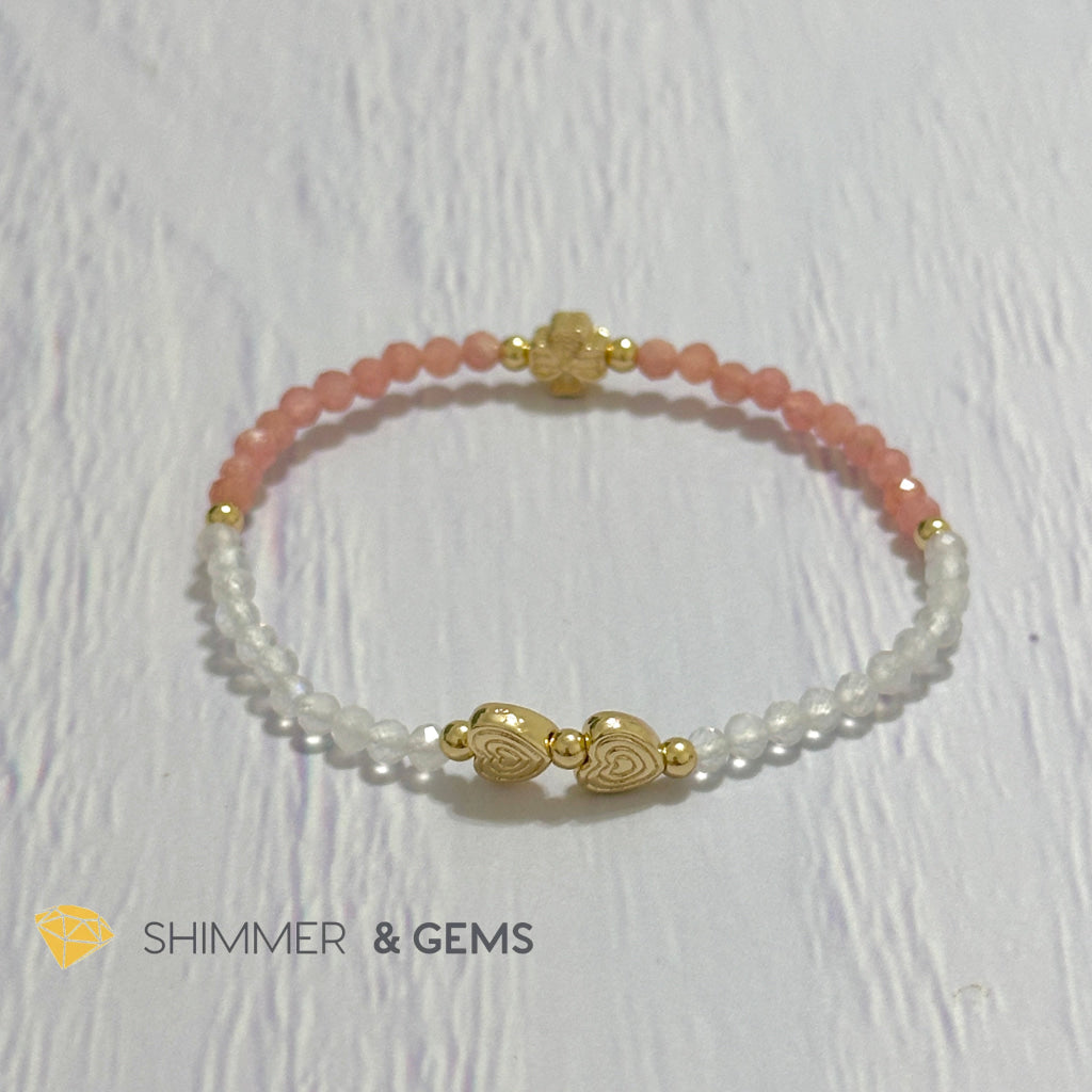 Self Love Lucky Bracelet (Moonstone & Rhodochrosite 4mm Faceted with 14k Gold Plated Ingot & Clover Charms)