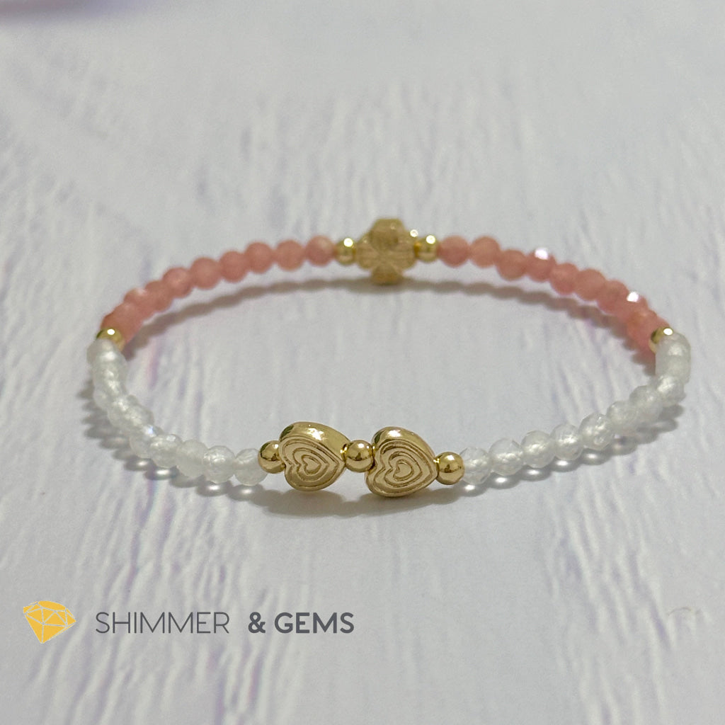 Self Love Lucky Bracelet (Moonstone & Rhodochrosite 4mm Faceted with 14k Gold Plated Ingot & Clover Charms)