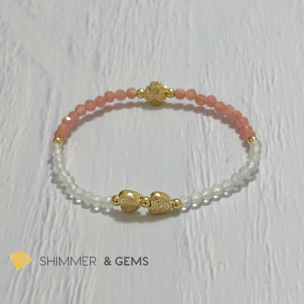 Self Love Lucky Bracelet (Moonstone & Rhodochrosite 4mm Faceted with 14k Gold Plated Ingot & Clover Charms)
