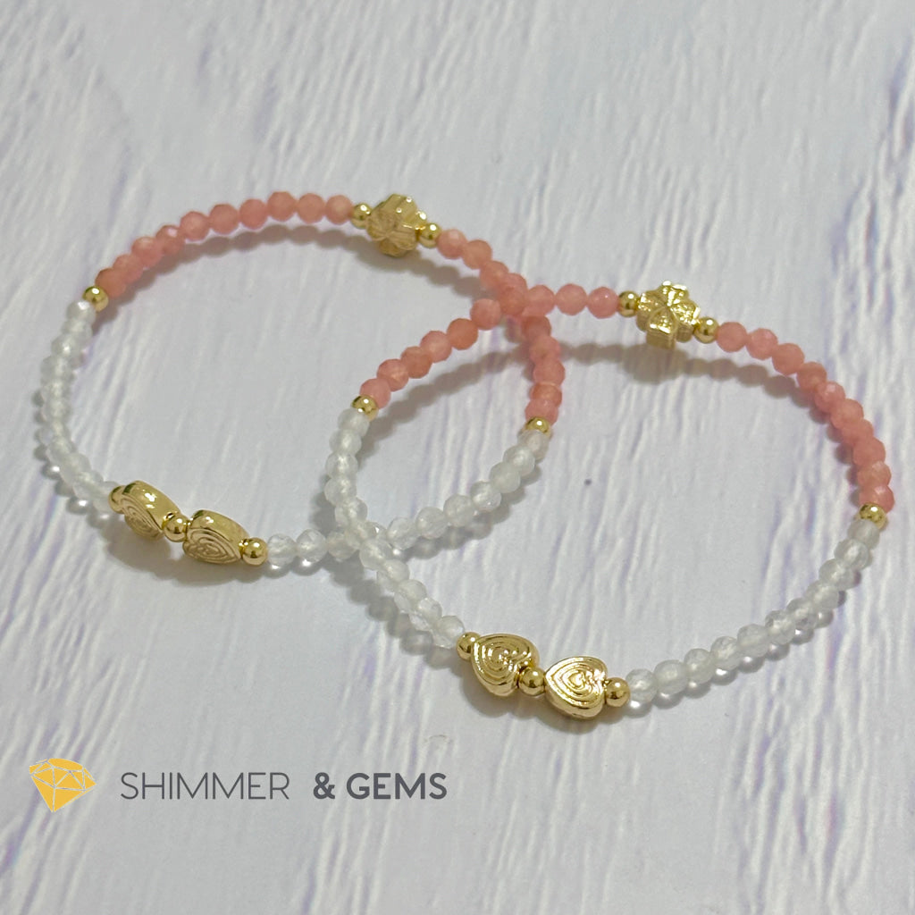 Self Love Lucky Bracelet (Moonstone & Rhodochrosite 4mm Faceted with 14k Gold Plated Ingot & Clover Charms)