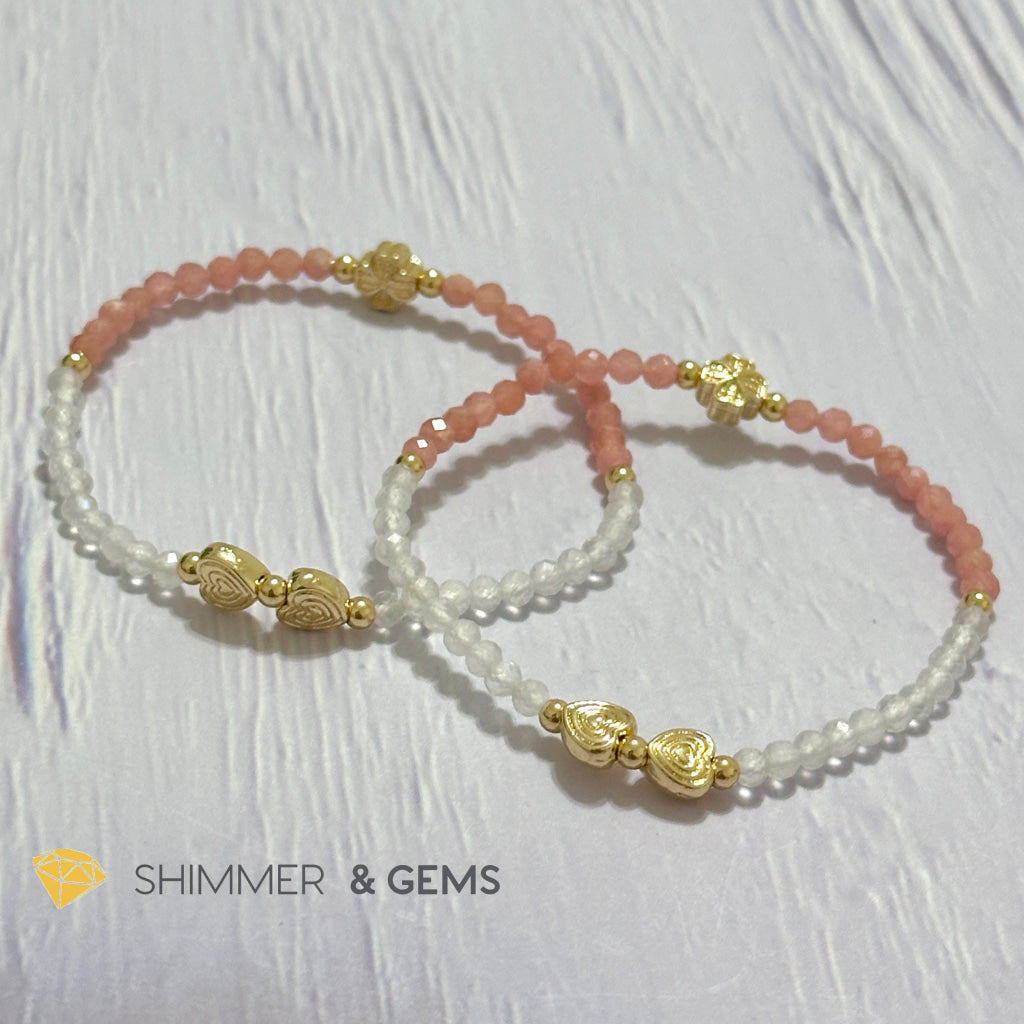 Self Love Lucky Bracelet (Moonstone & Rhodochrosite 4mm Faceted with 14k Gold Plated Ingot & Clover Charms)