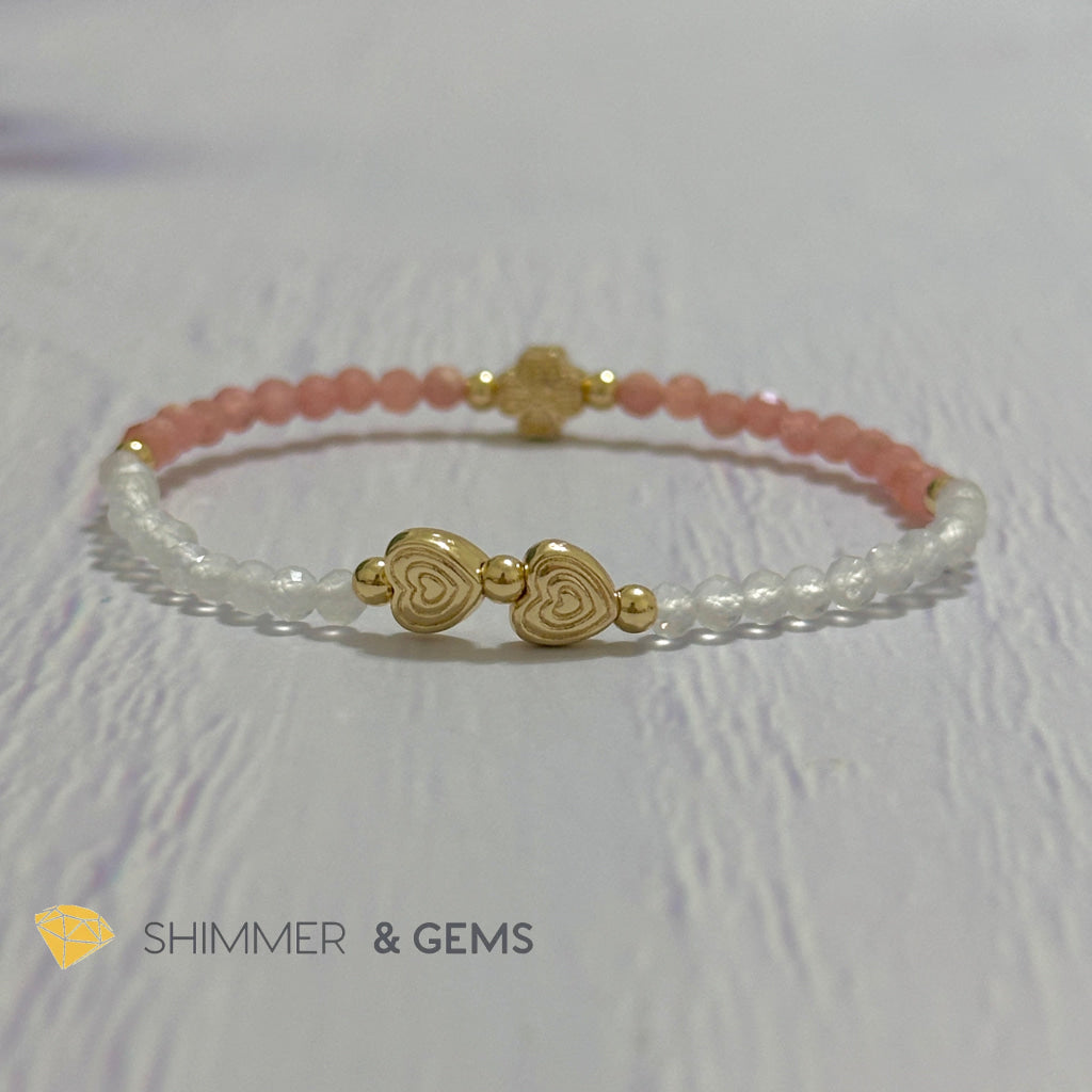 Self Love Lucky Bracelet (Moonstone & Rhodochrosite 4mm Faceted with 14k Gold Plated Ingot & Clover Charms)