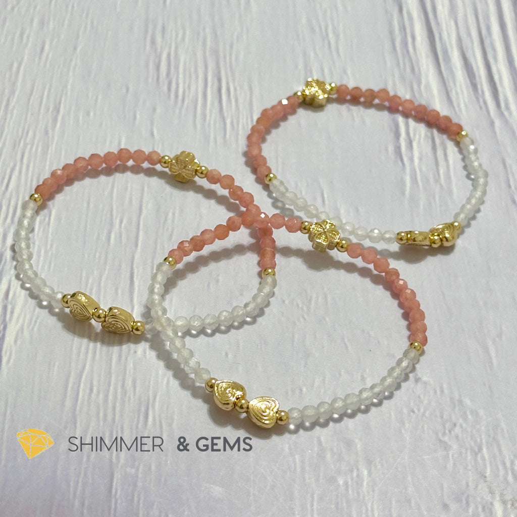 Self Love Lucky Bracelet (Moonstone & Rhodochrosite 4mm Faceted with 14k Gold Plated Ingot & Clover Charms)