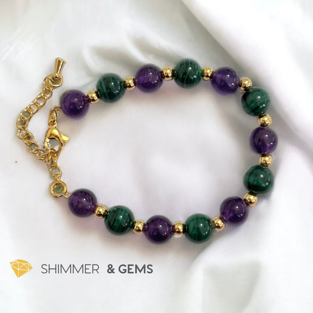 Success Vibes 8mm Bracelet with stainless steel beads and chain (Malachite & Amethyst)