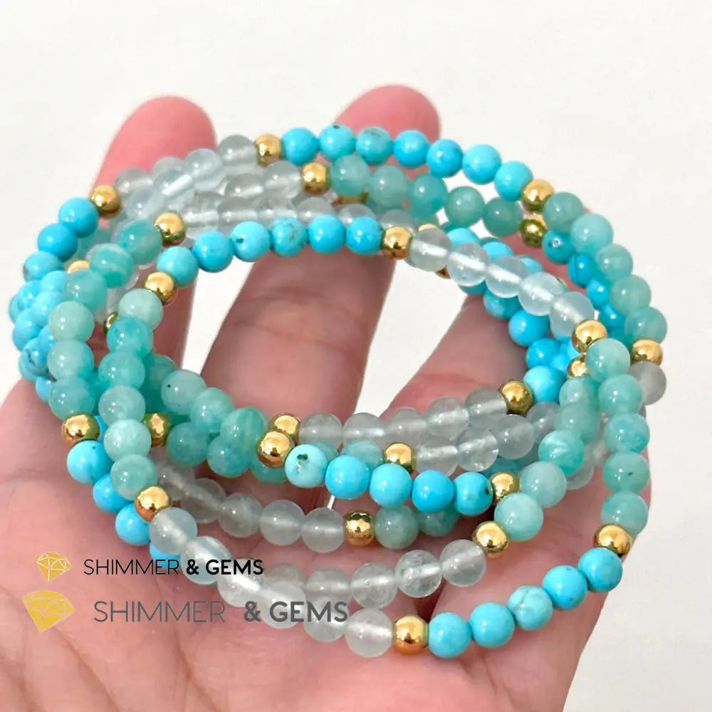Throat Chakra Communication Remedy Bracelet 4mm with stainless steel beads (Turquoise Amazonite & Aquamarine)