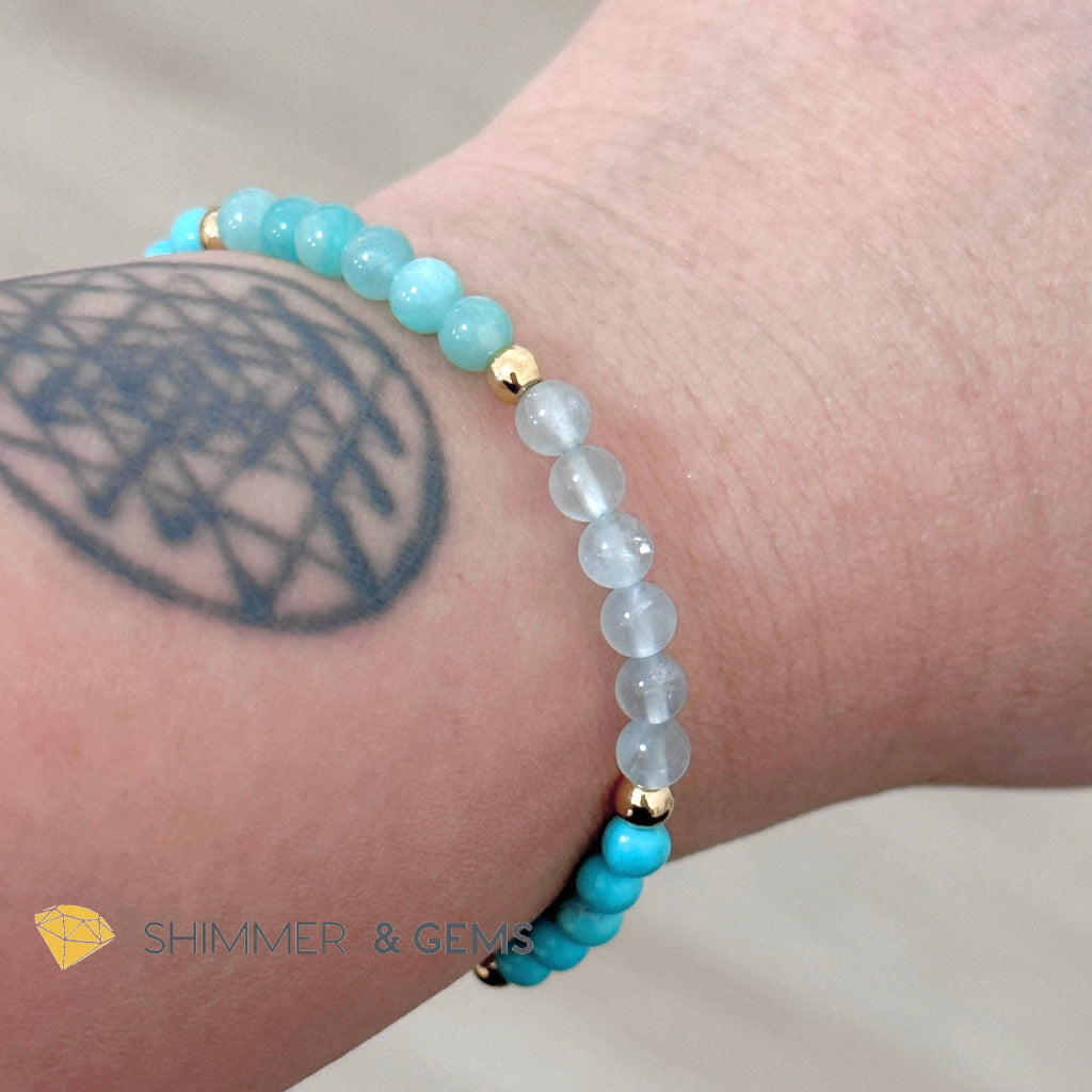 Throat Chakra Communication Remedy Bracelet 4mm with stainless steel beads (Turquoise, Amazonite & Aquamarine)
