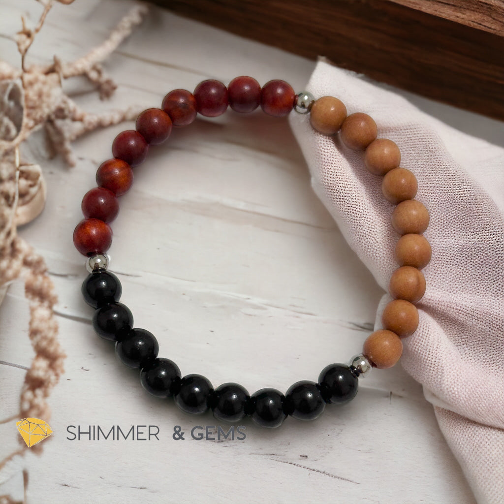 Triple Wood Bracelet for Luck & Protection (Sandalwood, Ebony & Raja Kayu 6mm) with Stainless Steel Beads