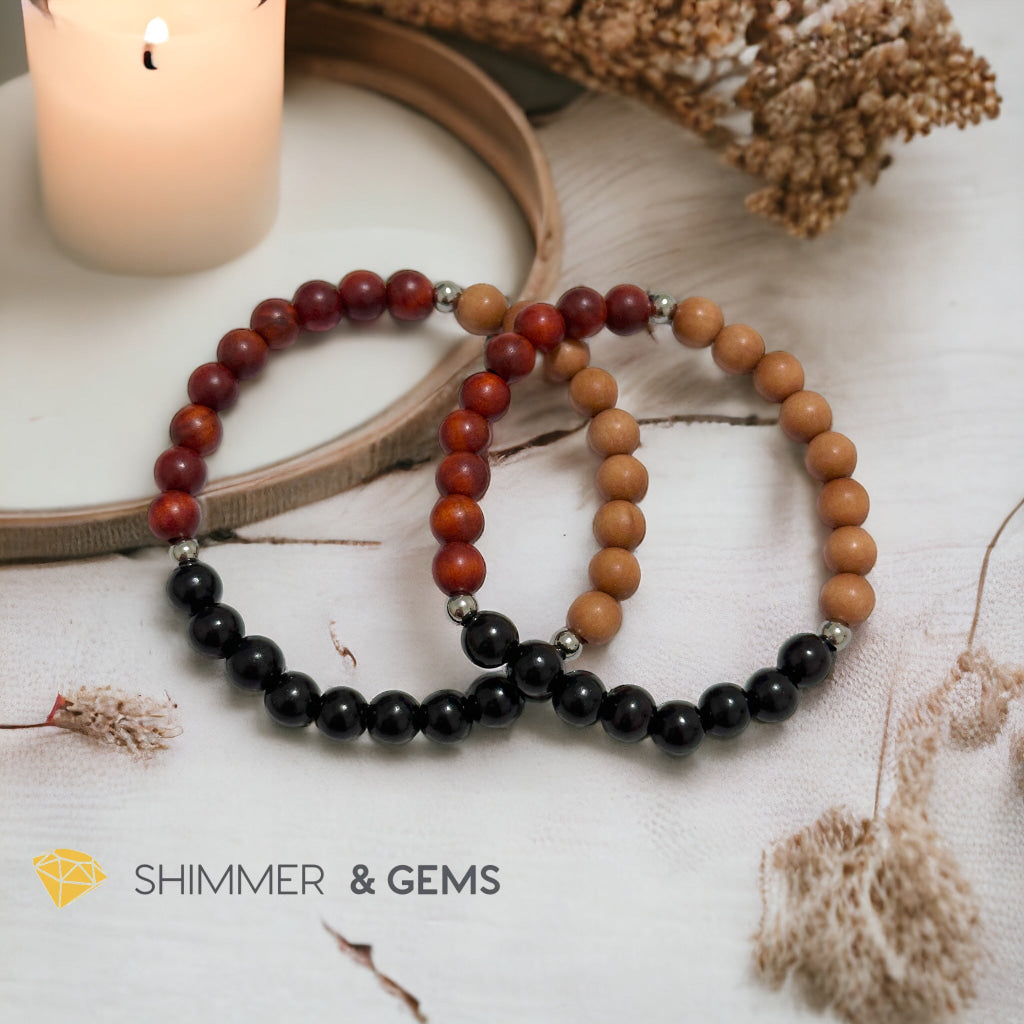 Triple Wood Bracelet for Luck & Protection (Sandalwood, Ebony & Raja Kayu 6mm) with Stainless Steel Beads