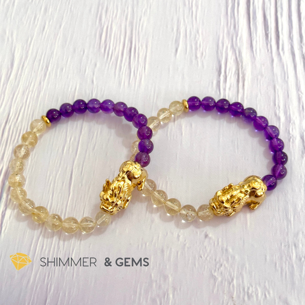 Wealth & Career Success Pixiu Bracelet (Stainless Steel) Citrine and Amethyst 6mm