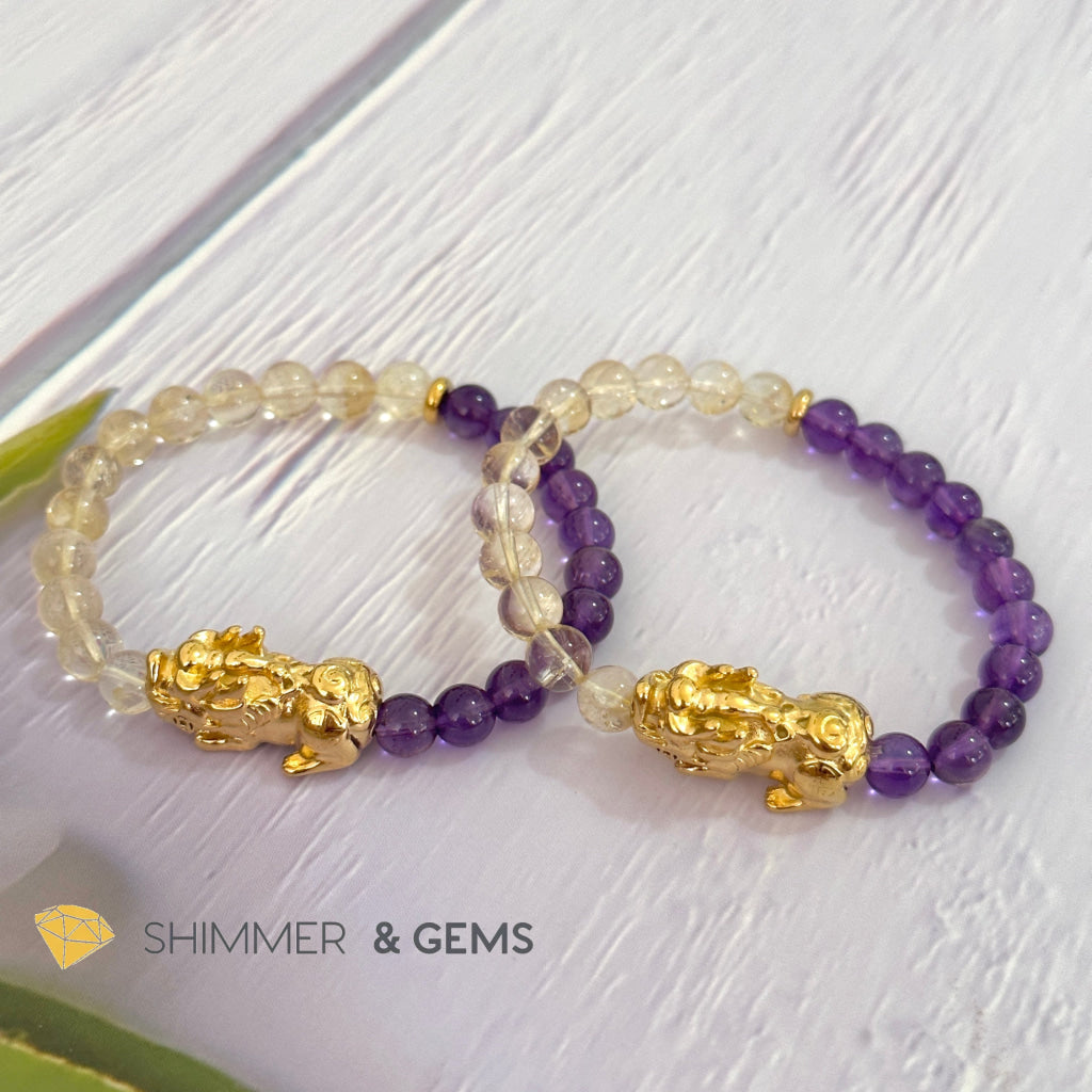 Wealth & Career Success Pixiu Bracelet (Stainless Steel) Citrine and Amethyst 6mm
