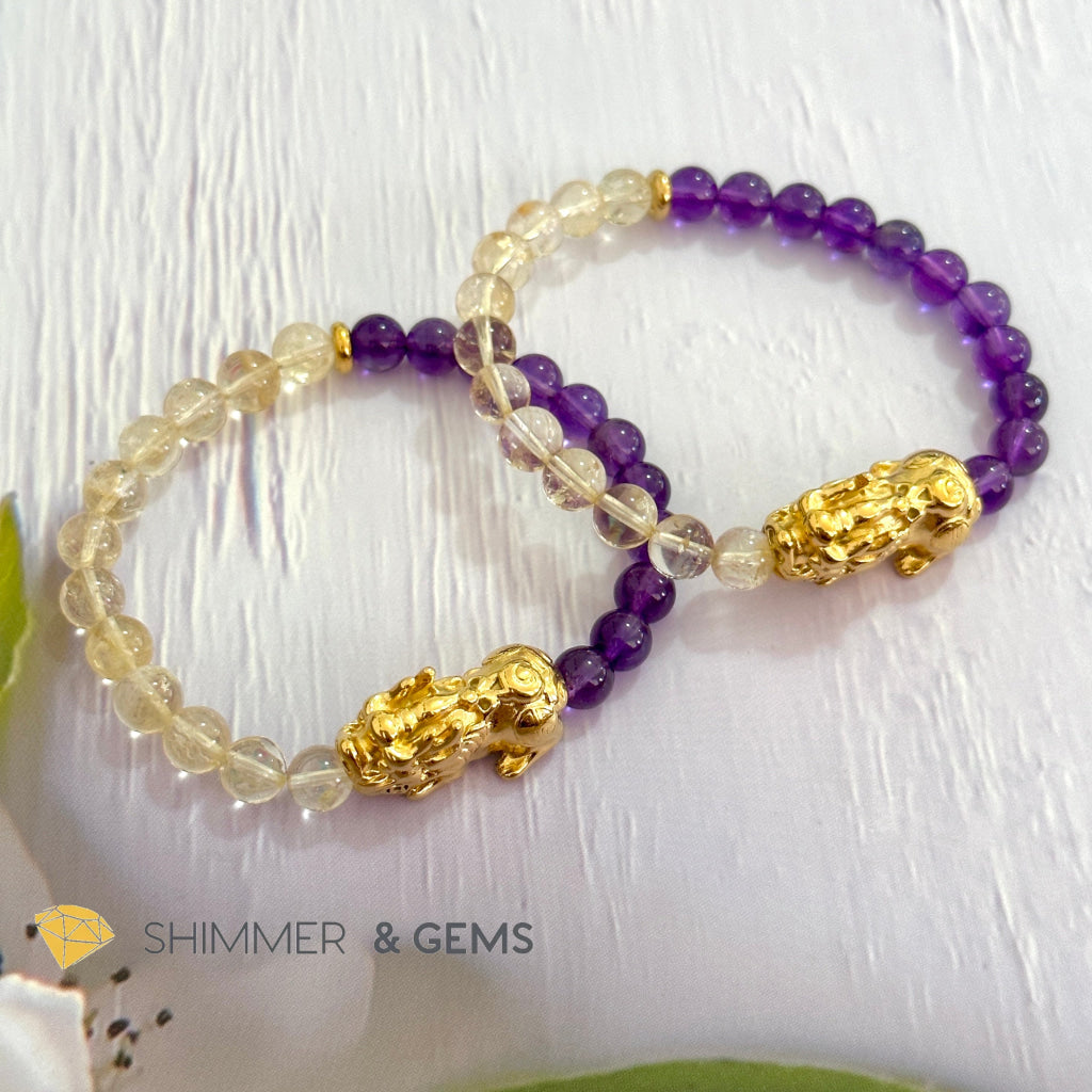 Wealth & Career Success Pixiu Bracelet (Stainless Steel) Citrine and Amethyst 6mm