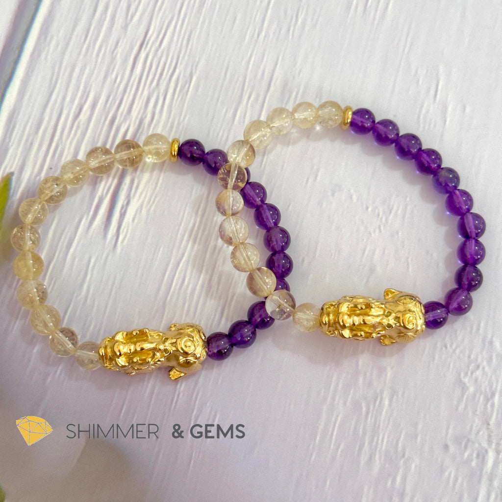 Wealth & Career Success Pixiu Bracelet (Stainless Steel) Citrine and Amethyst 6mm