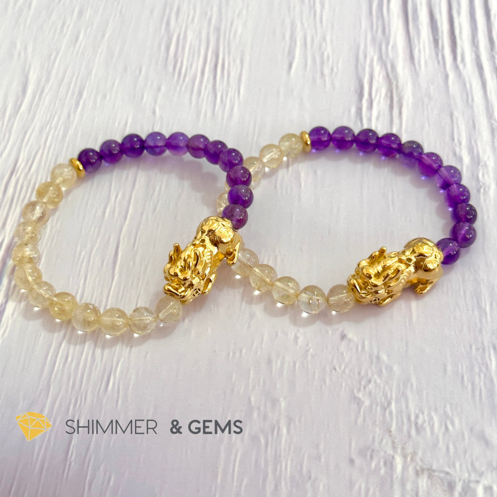 Wealth & Career Success Pixiu Bracelet (Stainless Steel) Citrine and Amethyst 6mm