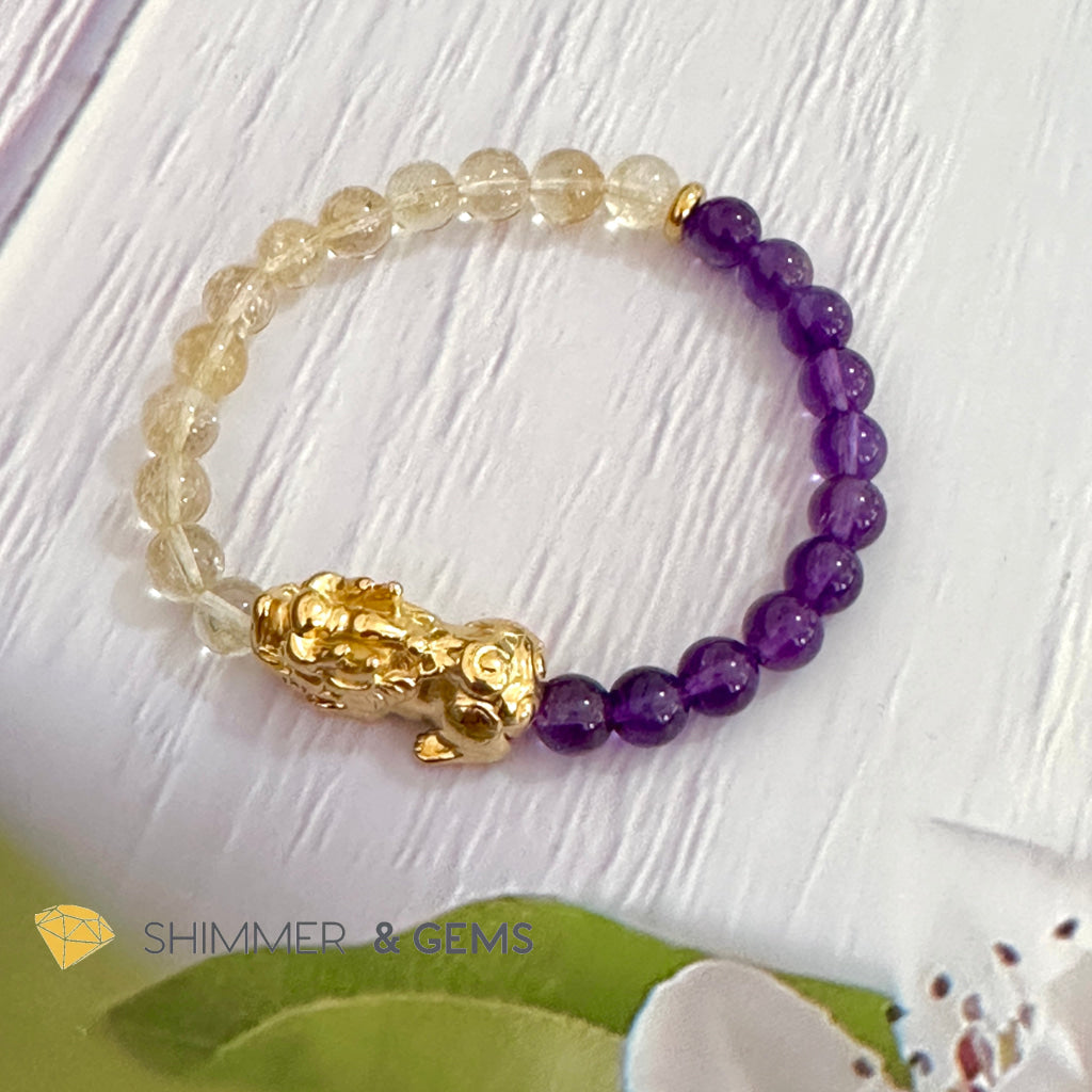 Wealth & Career Success Pixiu Bracelet (Stainless Steel) Citrine and Amethyst 6mm