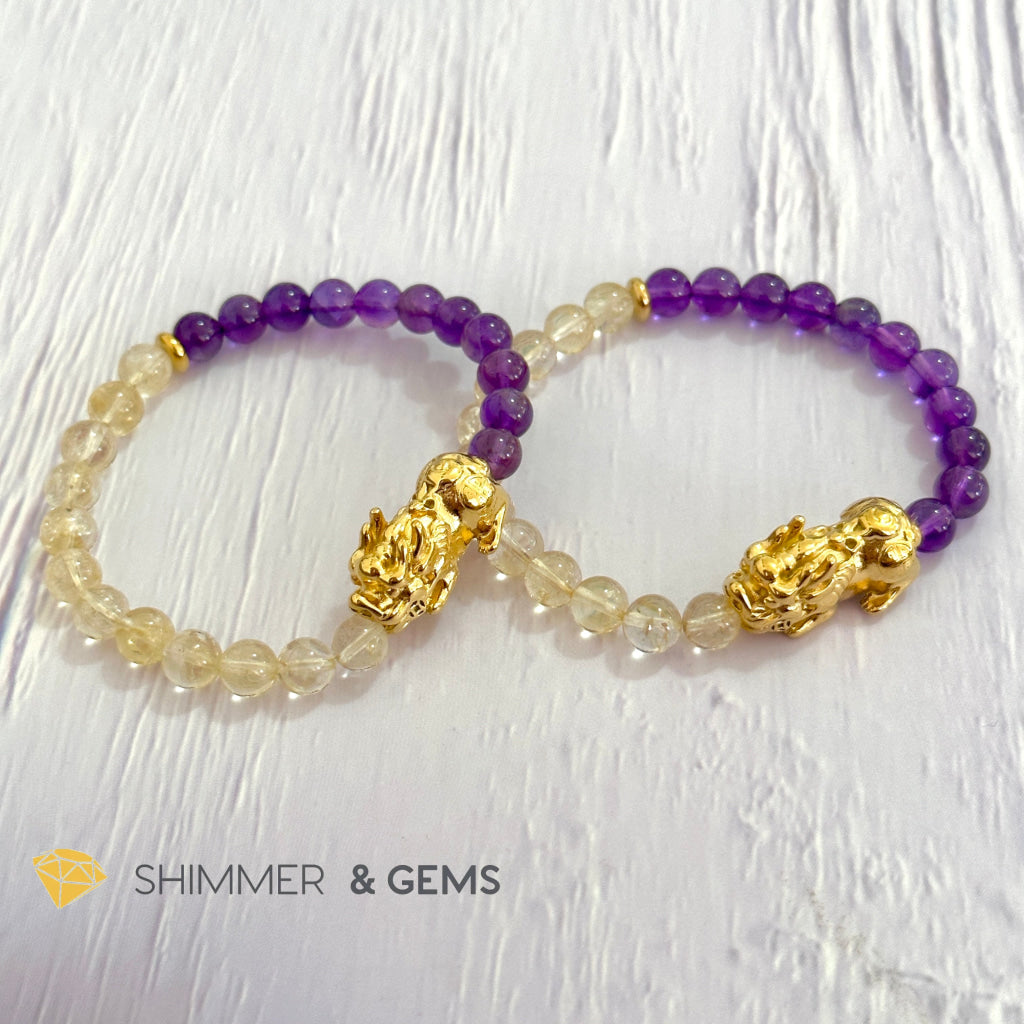Wealth & Career Success Pixiu Bracelet (Stainless Steel) Citrine and Amethyst 6mm