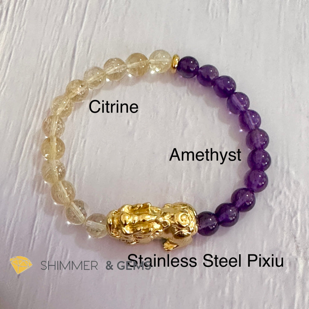 Wealth & Career Success Pixiu Bracelet (Stainless Steel) Citrine and Amethyst 6mm