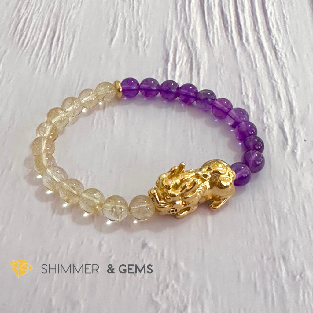 Wealth & Career Success Pixiu Bracelet (Stainless Steel) Citrine and Amethyst 6mm
