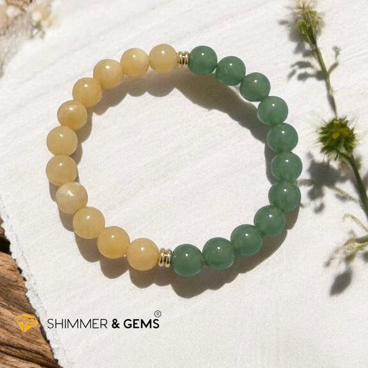 Double Luck 8mm Green Aventurine & Yellow Jade Bracelet with stainless steel rondelle 14k gold plated beads